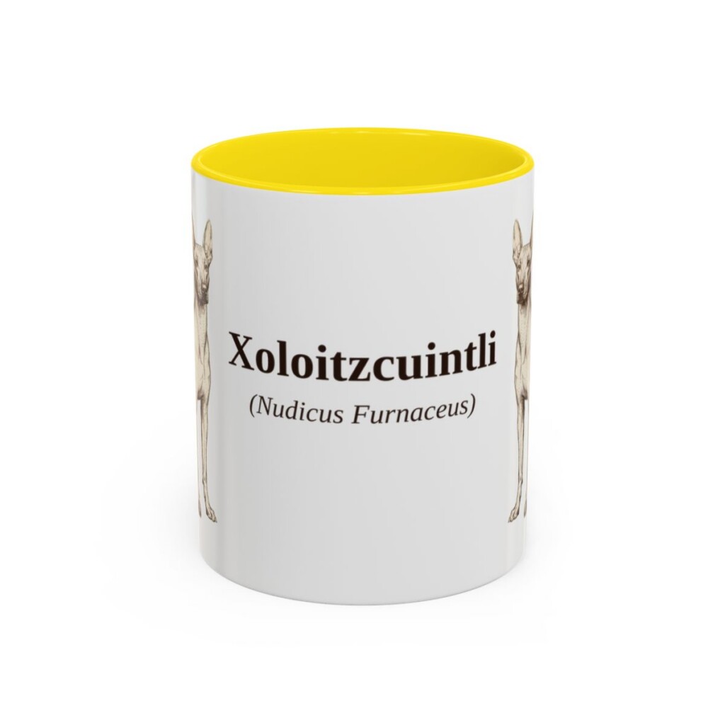 11oz Xoloitzcuintli Latin Mug, Yellow, front view