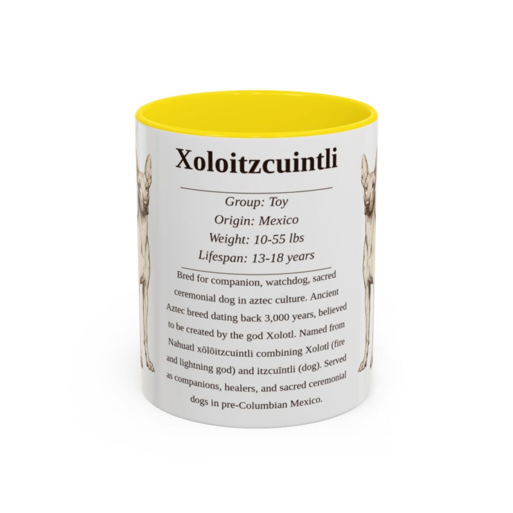 11oz Xoloitzcuintli Mug, Yellow, front view