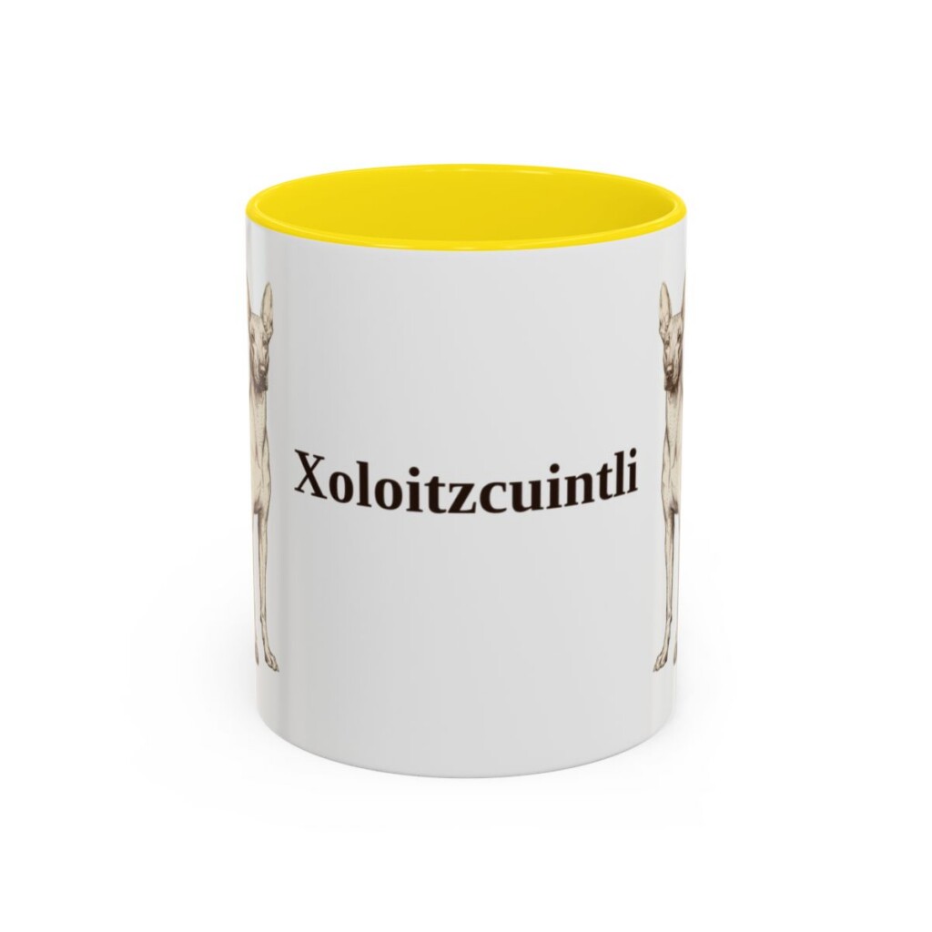 11oz Xoloitzcuintli Mug, Yellow, front view