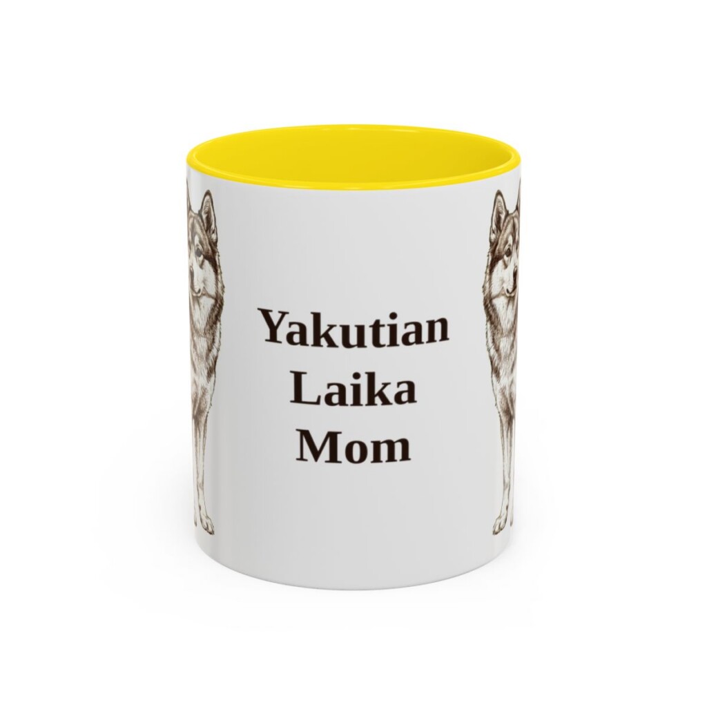 11oz Yakutian Laika Dog Mom Mug, Yellow, front view