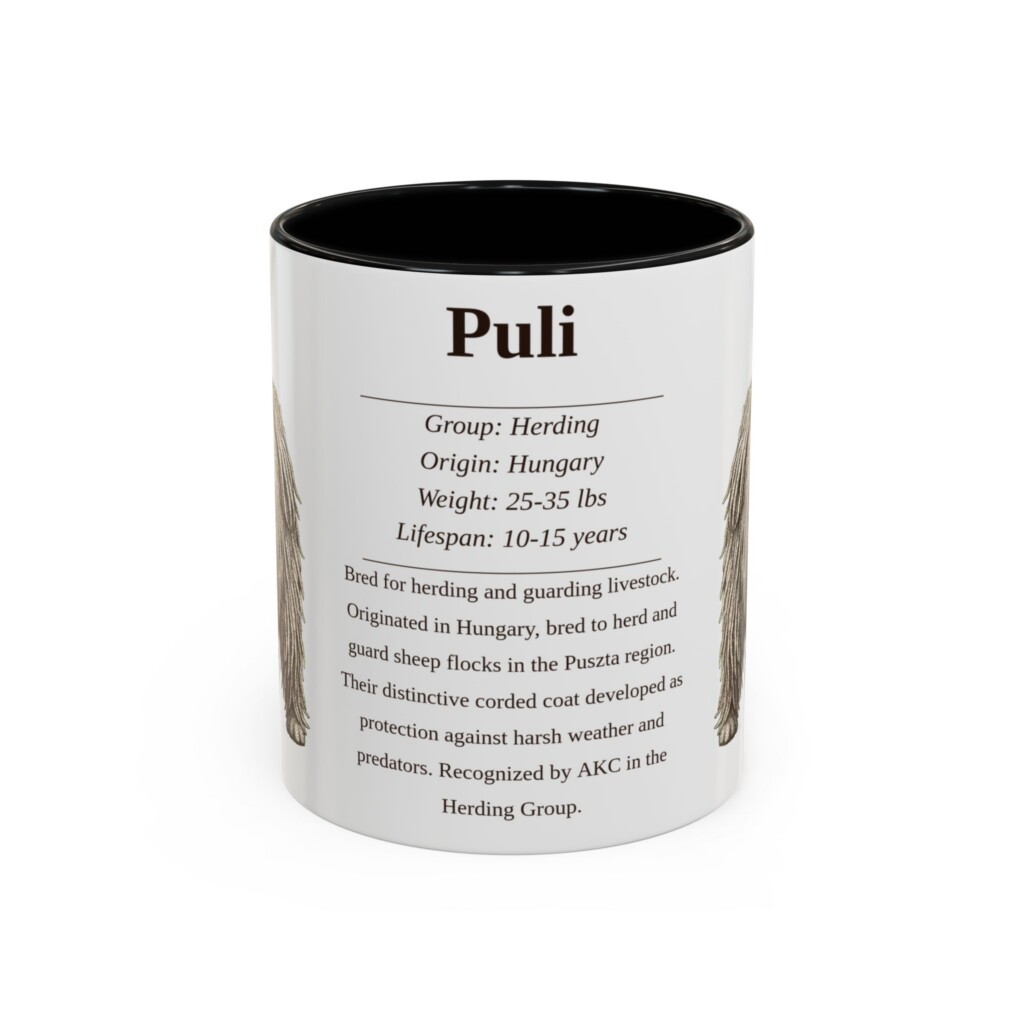 11oz Puli Mug, Illustrated Dog Breed Facts Coffee Mug, Vintage Dog Keepsake Gift
