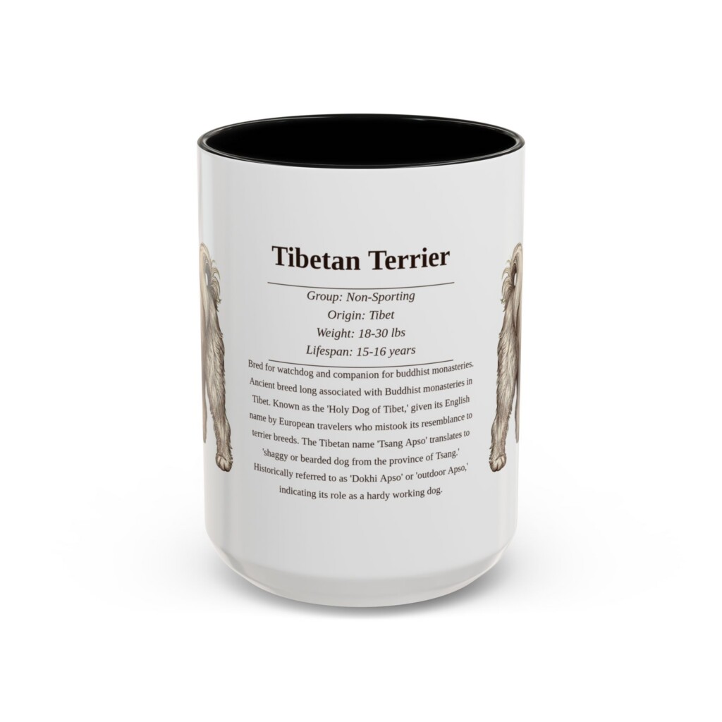 15oz Tibetan Terrier Mug, Illustrated Dog Breed Facts Coffee Mug, Vintage Dog Keepsake Gift