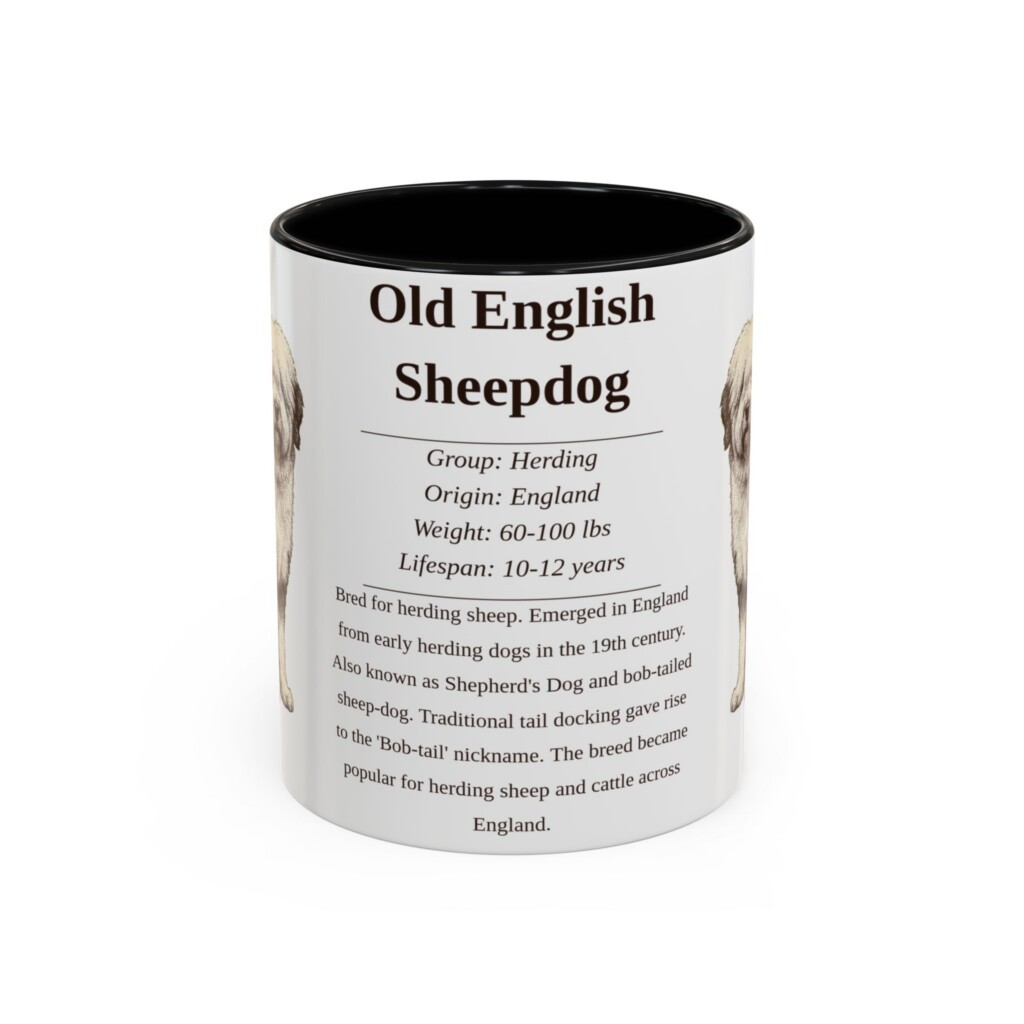 11oz Old English Sheepdog Mug, Illustrated Dog Breed Facts Coffee Mug, Vintage Dog Keepsake Gift