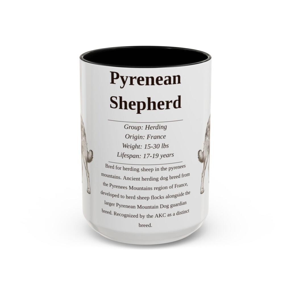 15oz Pyrenean Shepherd Mug, Illustrated Dog Breed Facts Coffee Mug, Vintage Dog Keepsake Gift