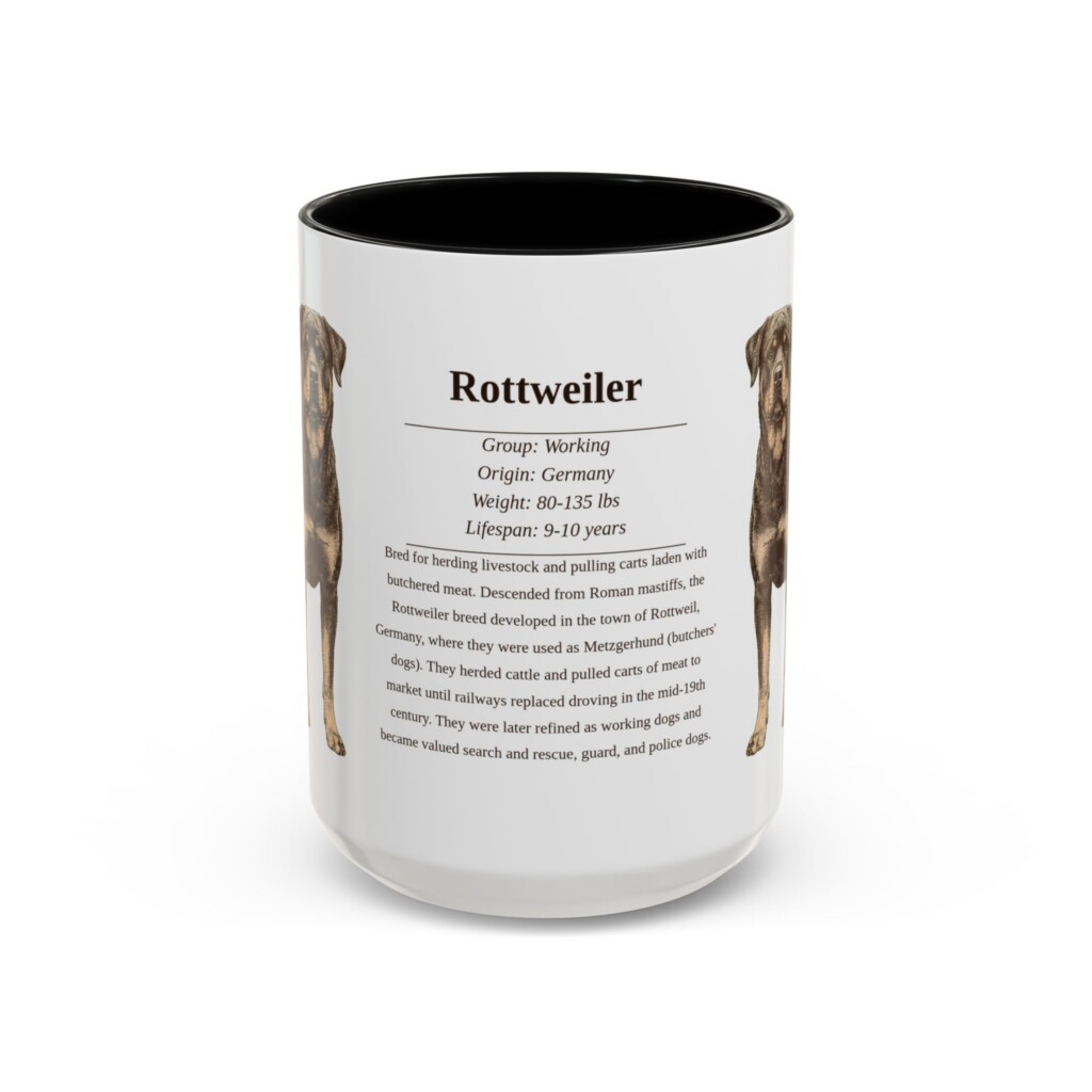 15oz Rottweiler Mug, Illustrated Dog Breed Facts Coffee Mug, Vintage Dog Keepsake Gift