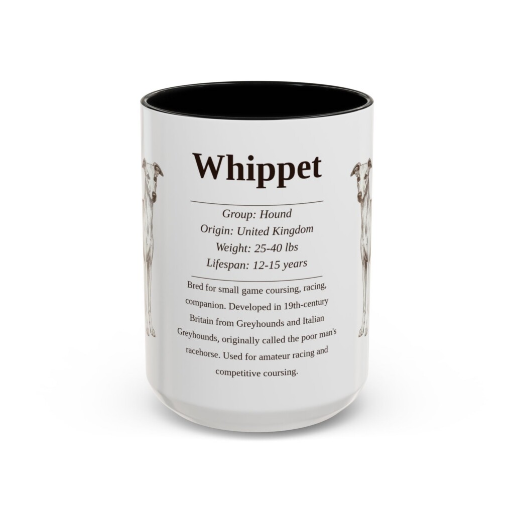 15oz Whippet Mug, Illustrated Dog Breed Facts Coffee Mug, Vintage Dog Keepsake Gift