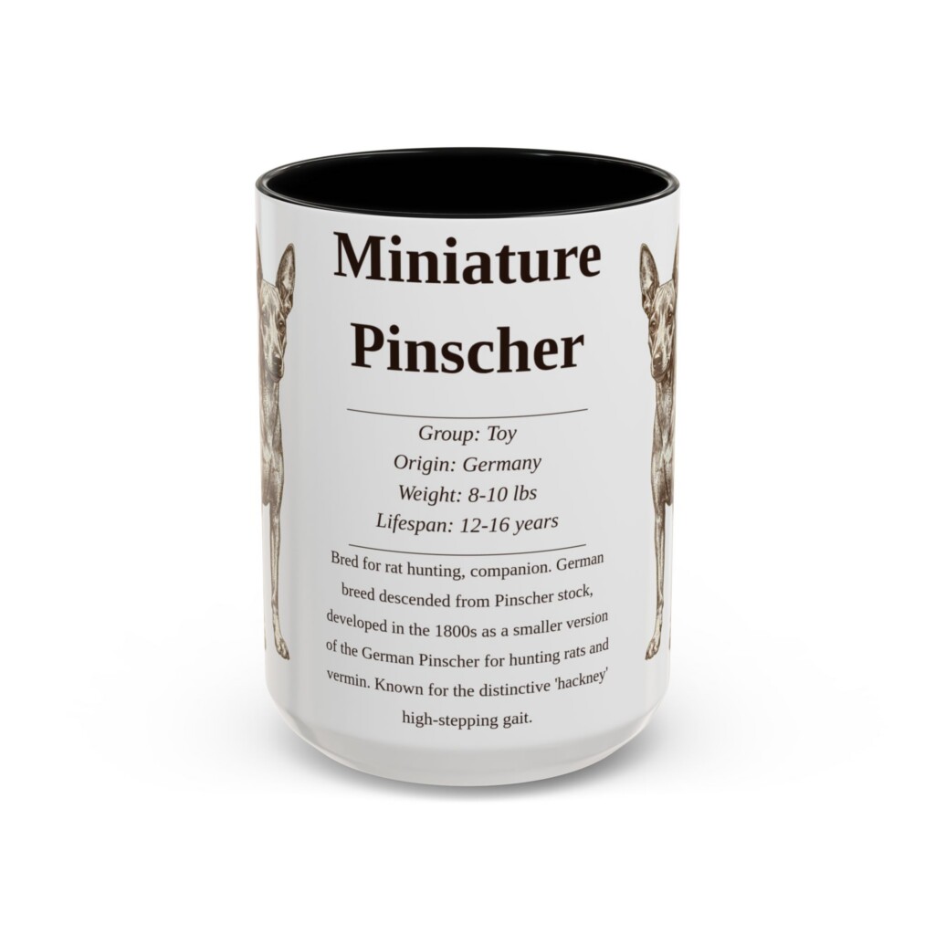 15oz Miniature Pinscher Mug, Illustrated Dog Breed Facts Coffee Mug, Vintage Dog Keepsake Gift