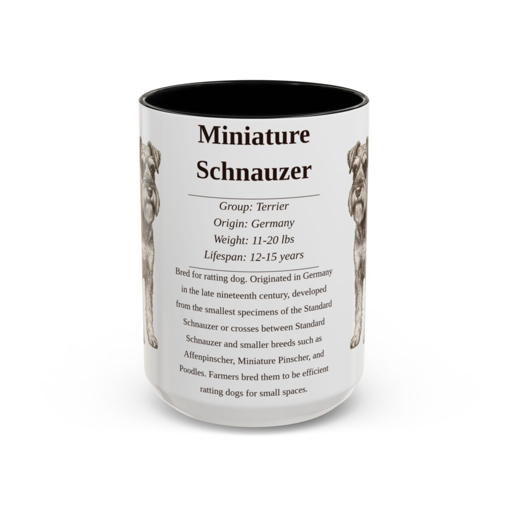 15oz Miniature Schnauzer Mug, Illustrated Dog Breed Facts Coffee Mug, Vintage Dog Keepsake Gift