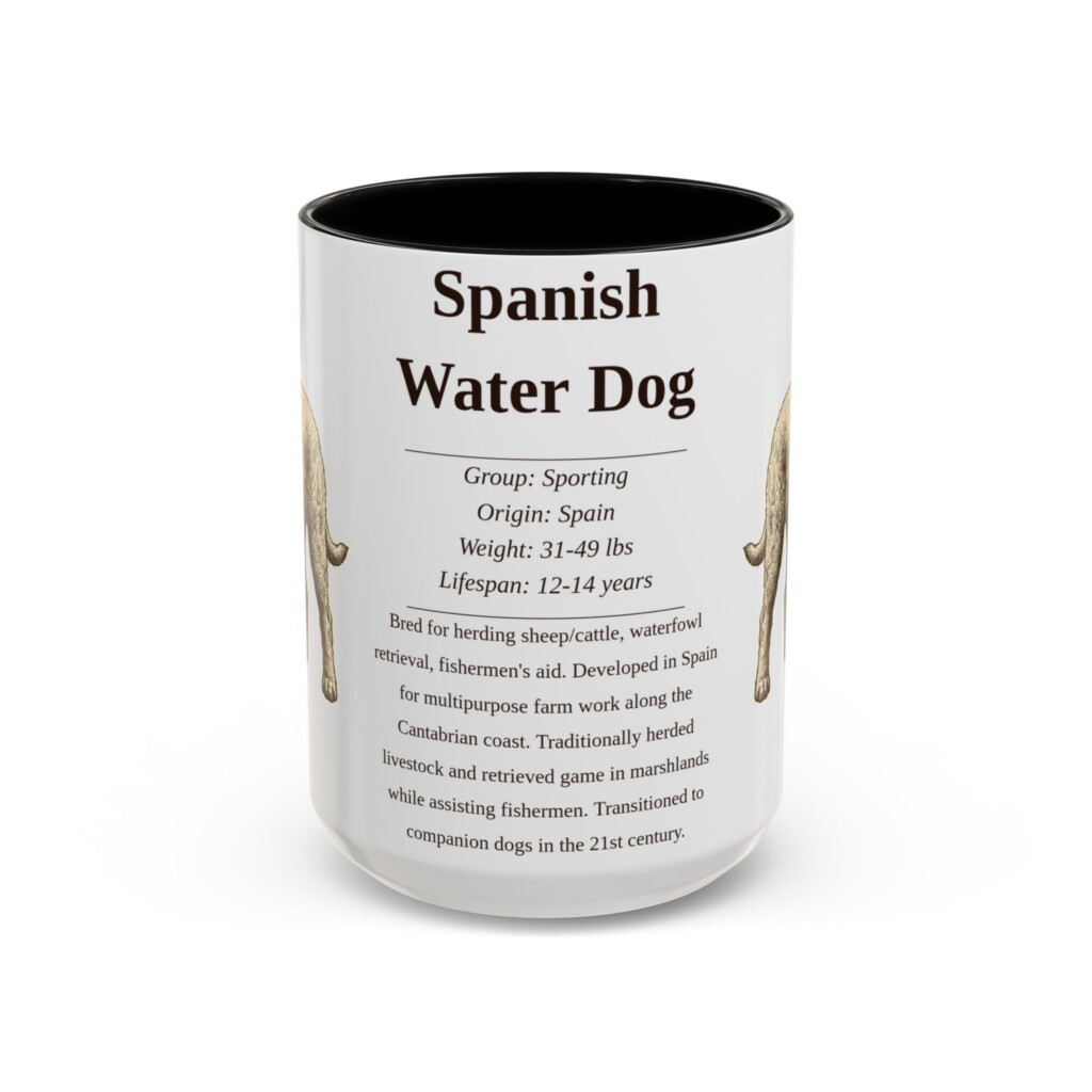 15oz Spanish Water Dog Mug, Illustrated Dog Breed Facts Coffee Mug, Vintage Dog Keepsake Gift