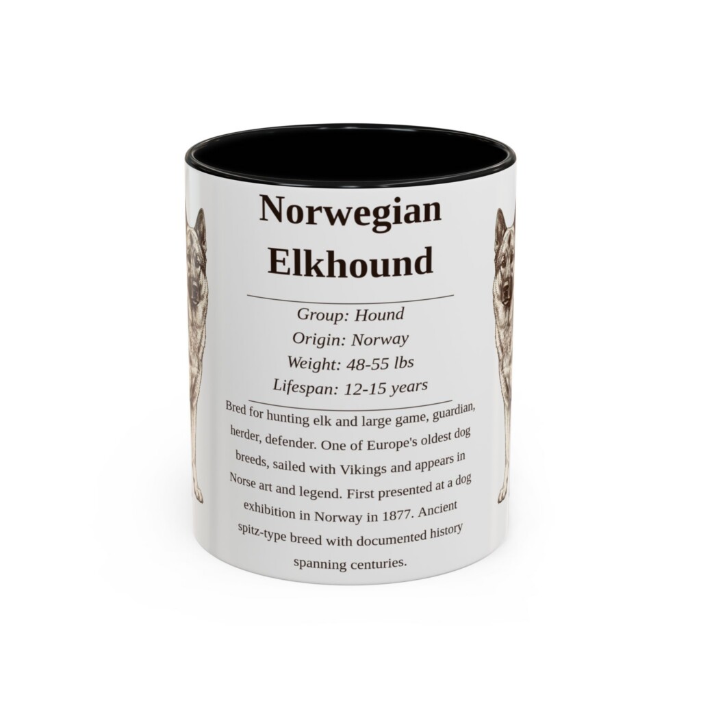 11oz Norwegian Elkhound Mug, Illustrated Dog Breed Facts Coffee Mug, Vintage Dog Keepsake Gift