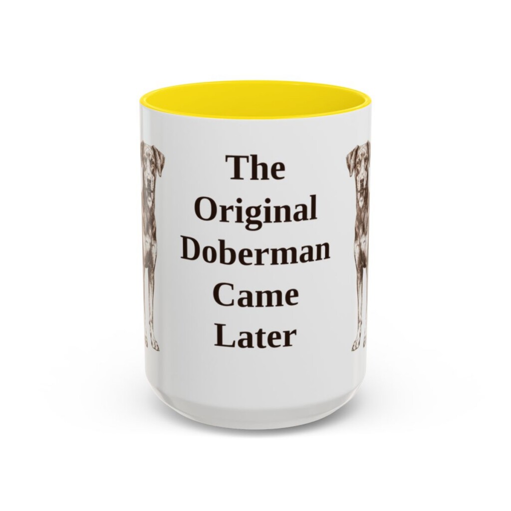 15oz Funny German Pinscher Mug, Yellow, front view