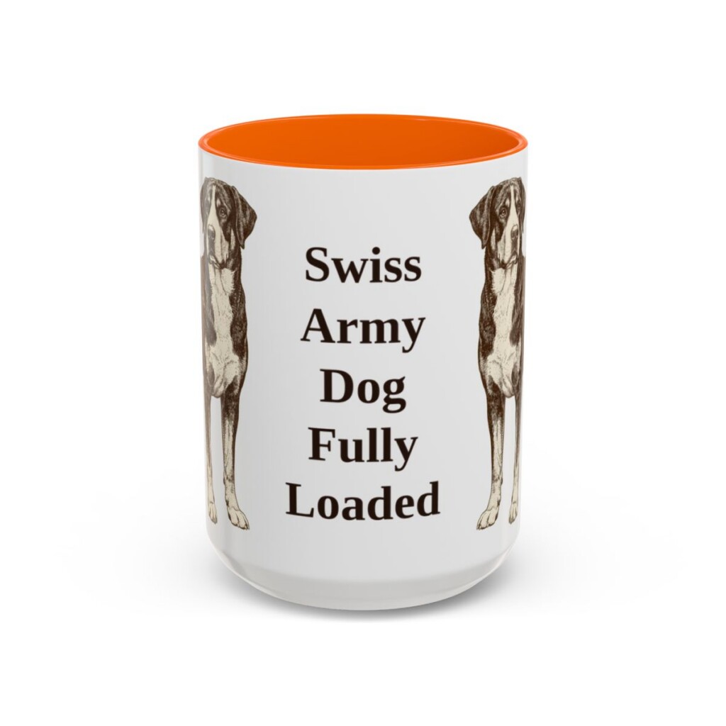 15oz Funny Greater Swiss Mountain Dog Mug, Orange, front view