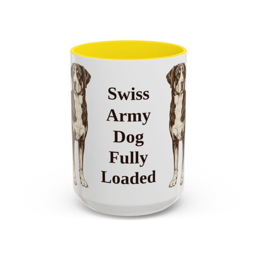 15oz Funny Greater Swiss Mountain Dog Mug, Yellow, front view