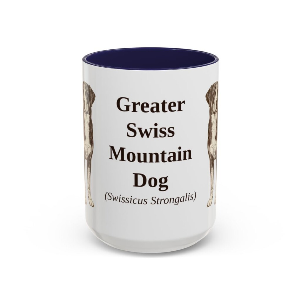 15oz Greater Swiss Mountain Dog Latin Mug, Navy, front view
