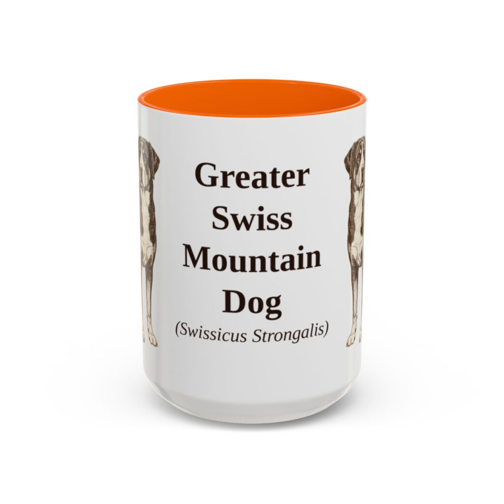 15oz Greater Swiss Mountain Dog Latin Mug, Orange, front view