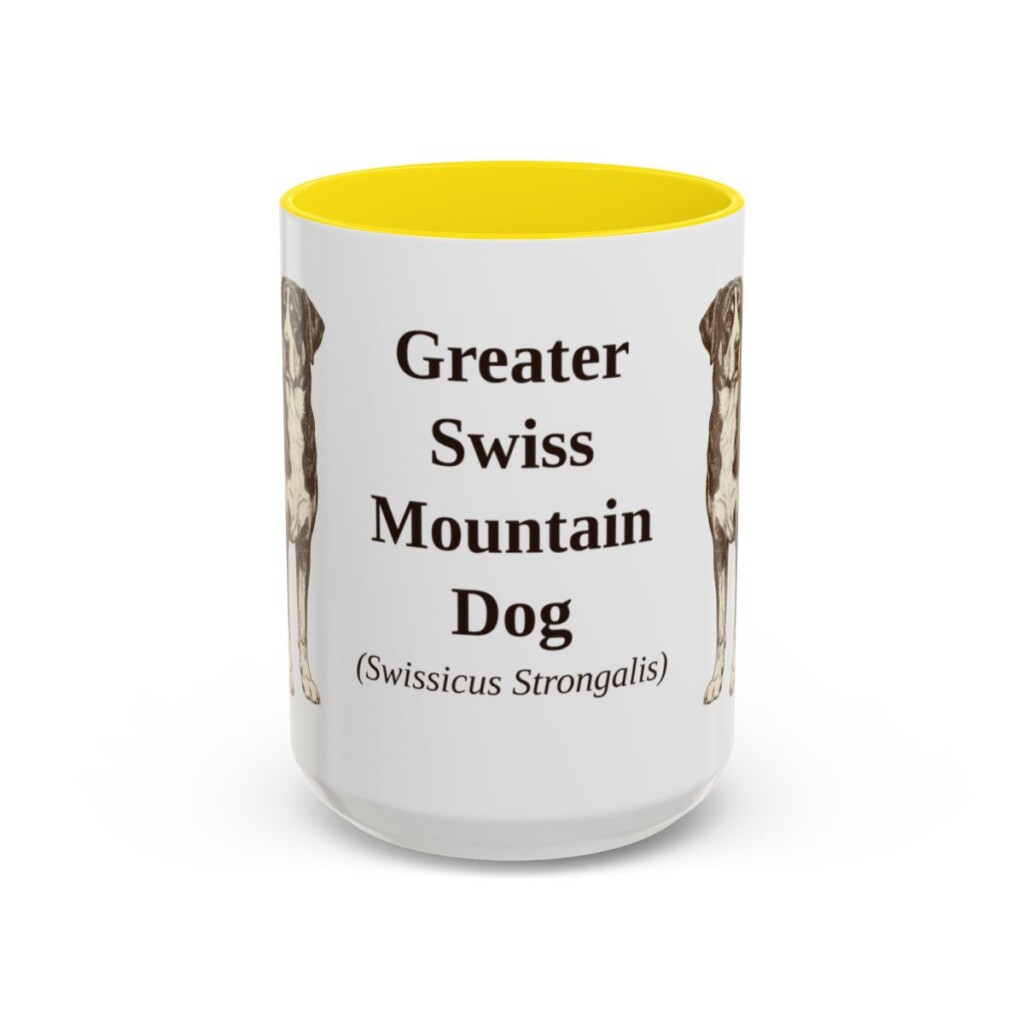 15oz Greater Swiss Mountain Dog Latin Mug, Yellow, front view