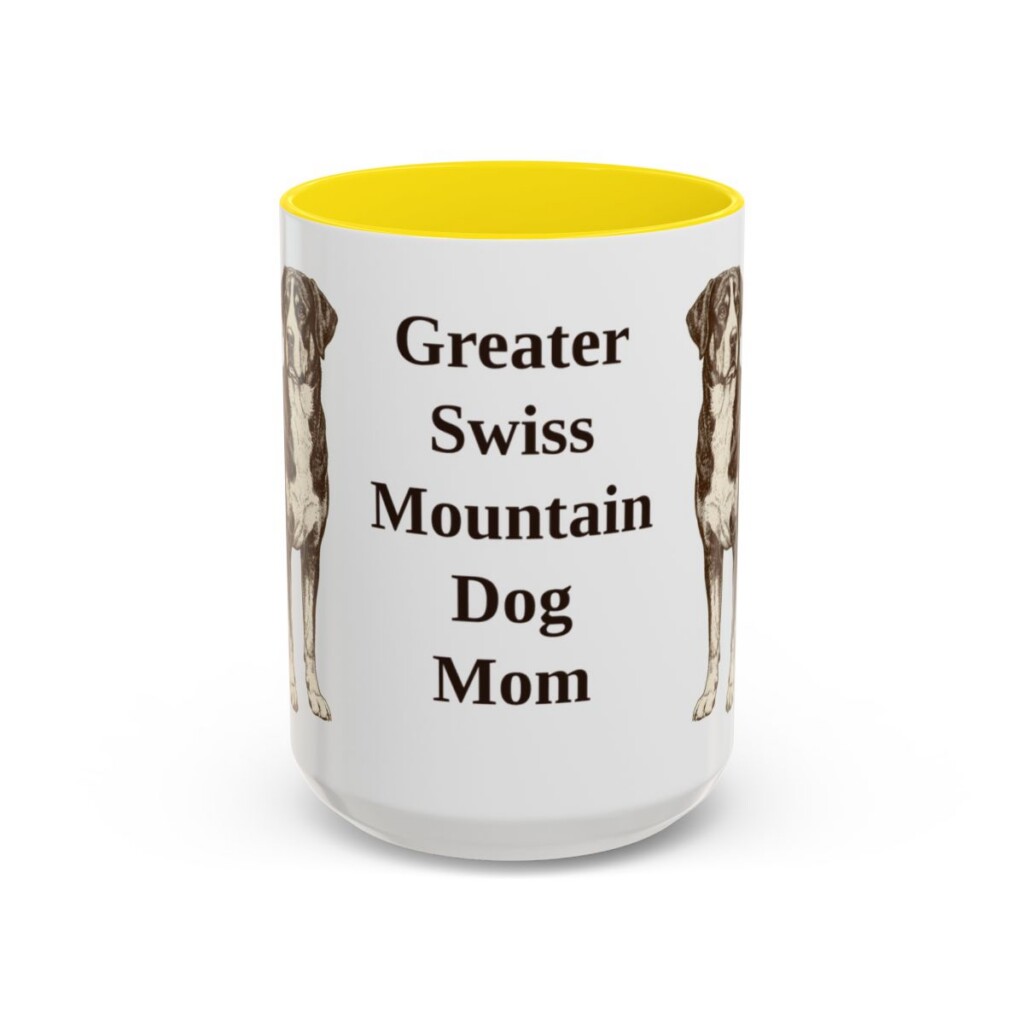 15oz-greater-swiss-mountain-dog-mug-mom-yellow 15oz Greater Swiss Mountain Dog Dog Mom Mug, Yellow, front view