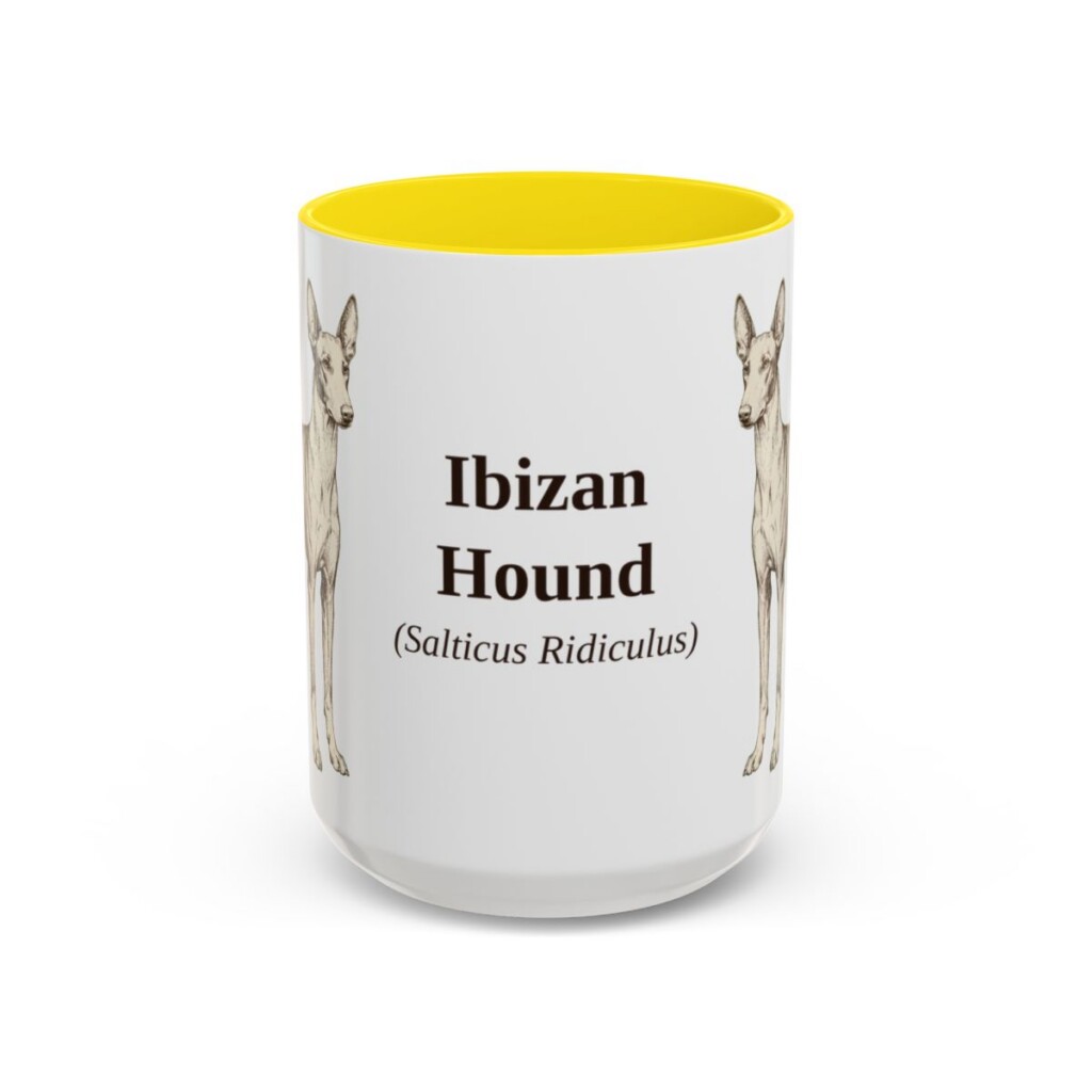15oz Ibizan Hound Latin Mug, Yellow, front view