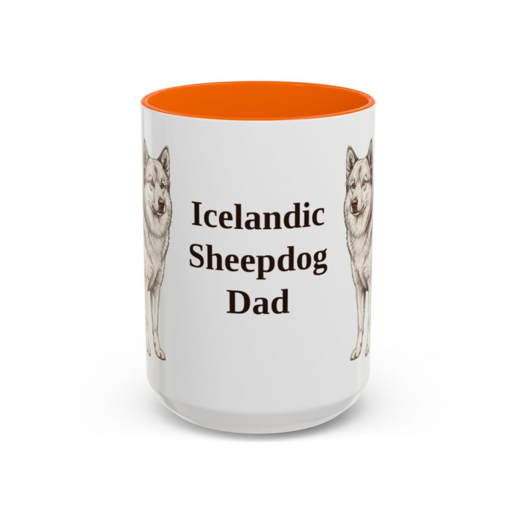 15oz Icelandic Sheepdog Dog Dad Mug, Orange, front view