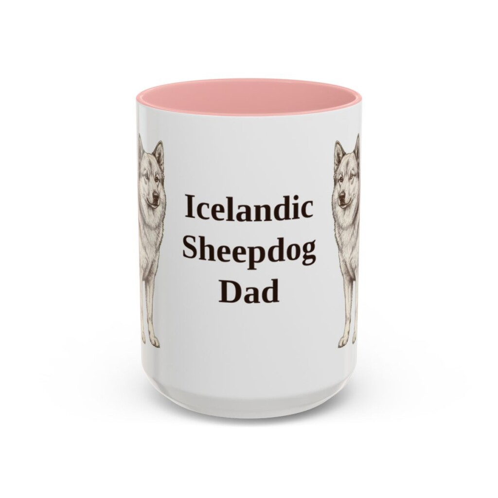 15oz Icelandic Sheepdog Dog Dad Mug, Pink, front view