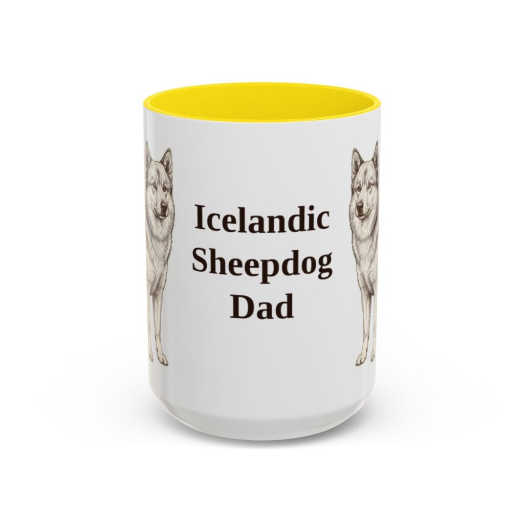 15oz Icelandic Sheepdog Dog Dad Mug, Yellow, front view