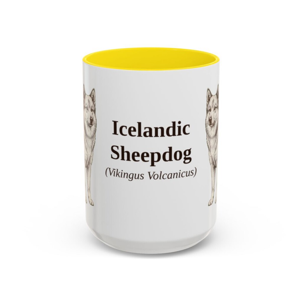 15oz Icelandic Sheepdog Latin Mug, Yellow, front view