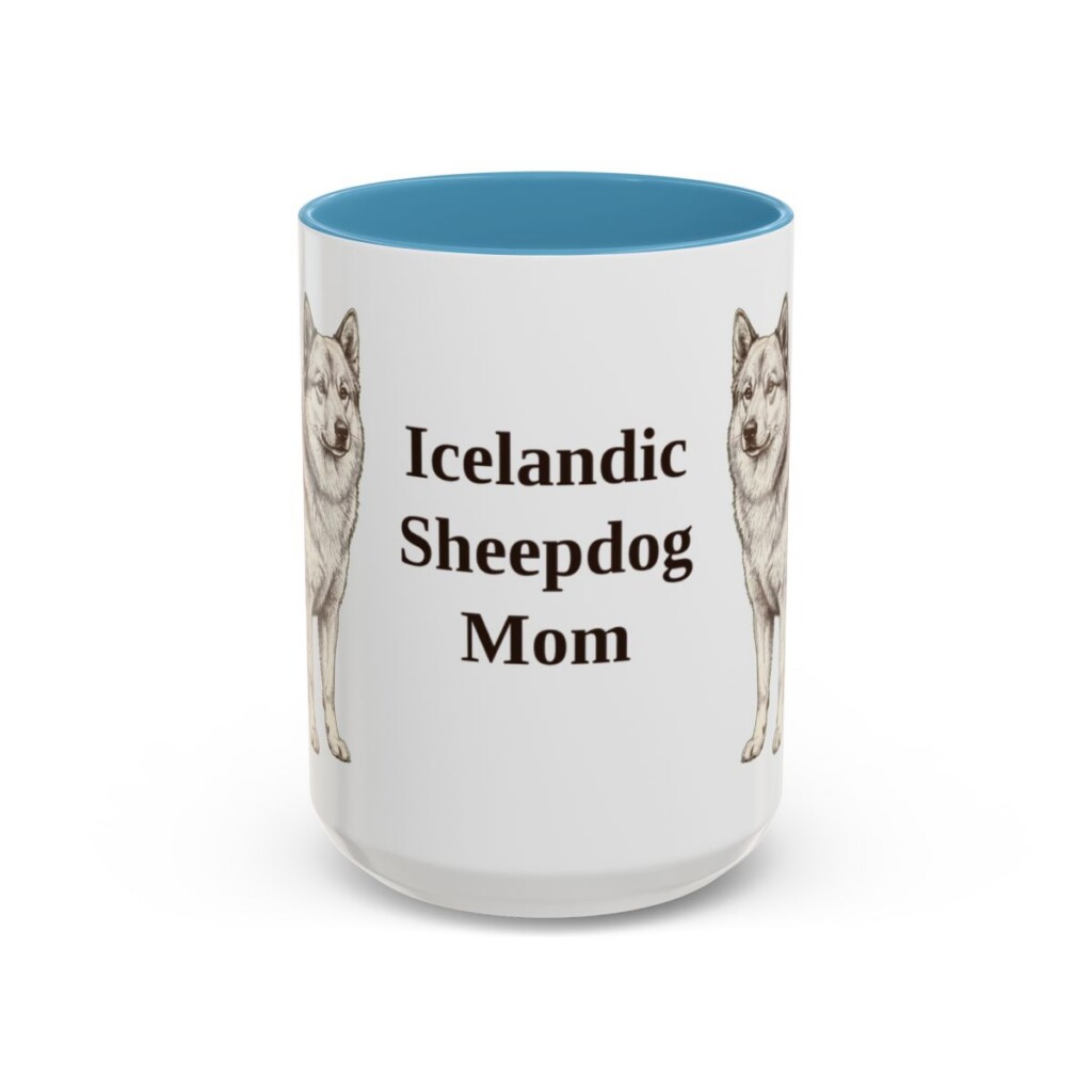15oz Icelandic Sheepdog Dog Mom Mug, Light Blue, front view