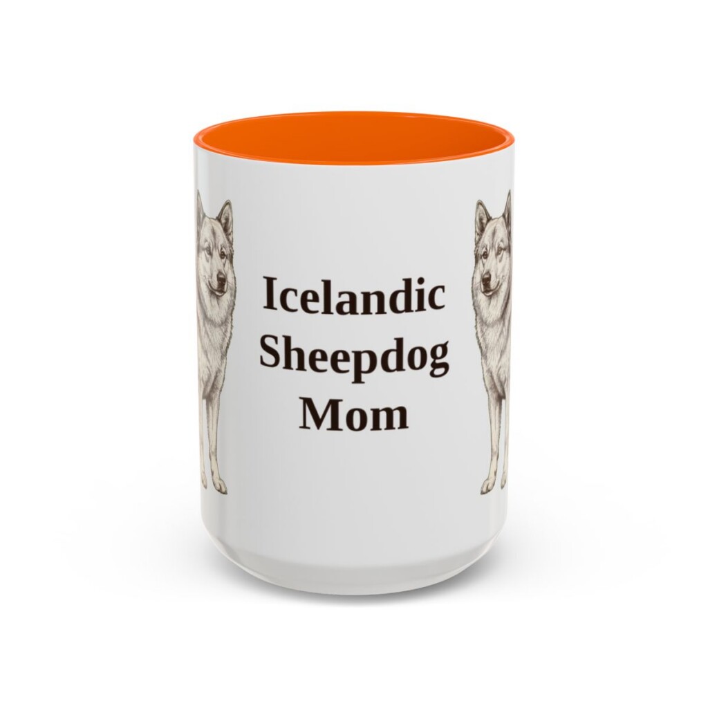 15oz Icelandic Sheepdog Dog Mom Mug, Orange, front view