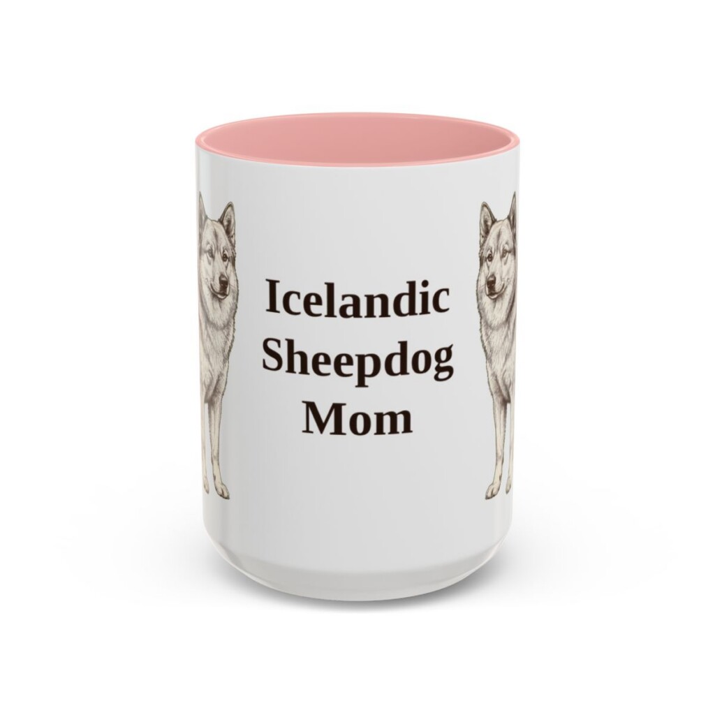15oz Icelandic Sheepdog Dog Mom Mug, Pink, front view