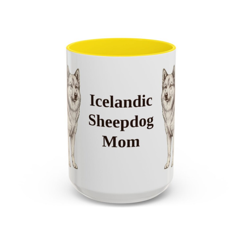 15oz Icelandic Sheepdog Dog Mom Mug, Yellow, front view