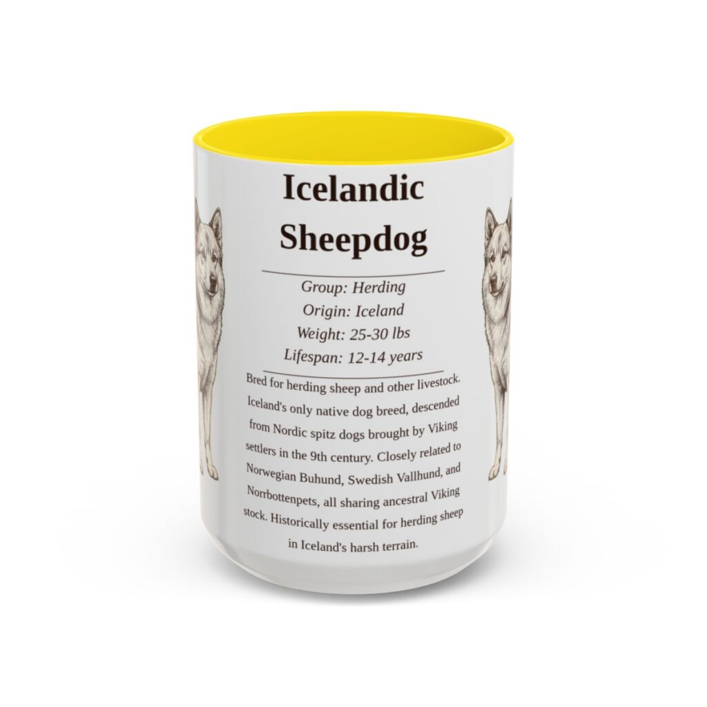 15oz Icelandic Sheepdog Mug, Yellow, front view