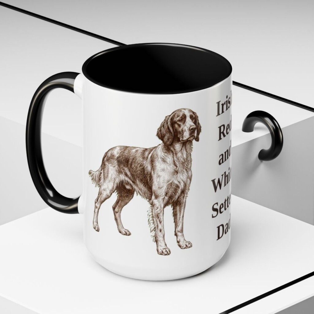 15oz Irish Red and White Setter Dog Dad Mug, Black, lifestyle photo