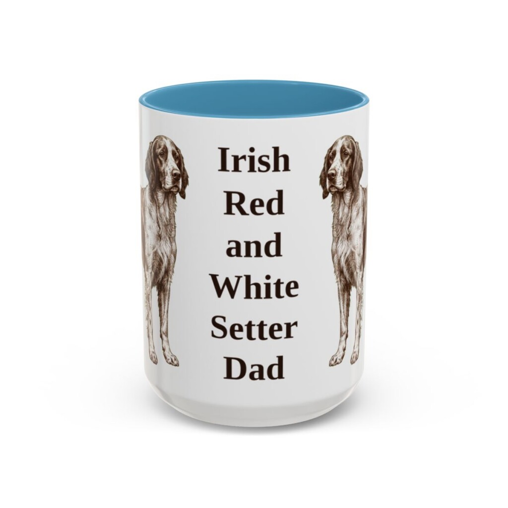 15oz Irish Red and White Setter Dog Dad Mug, Light Blue, front view