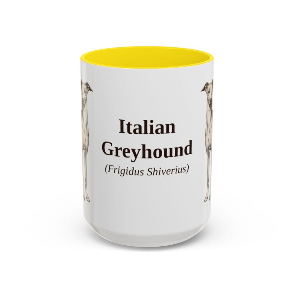 15oz Italian Greyhound Latin Mug, Yellow, front view