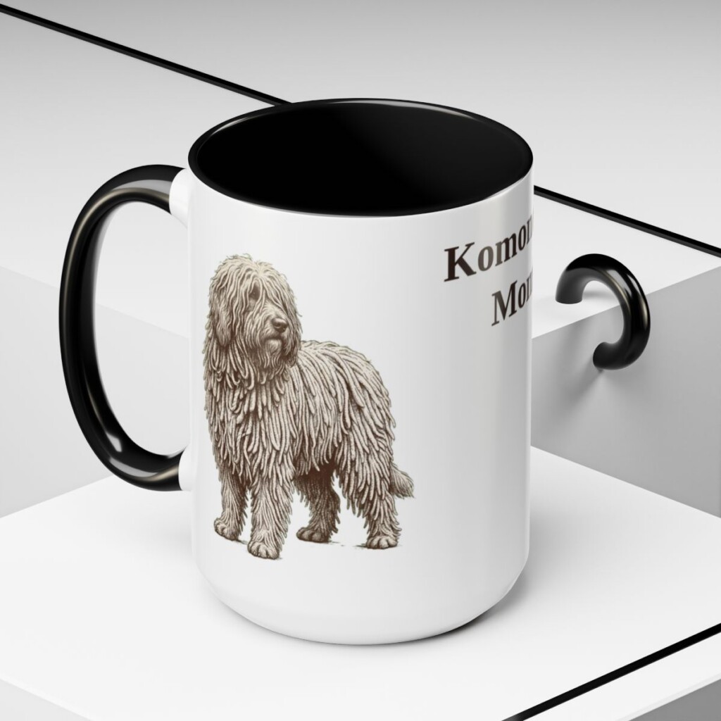 15oz Komondor Dog Mom Mug, Black, lifestyle photo