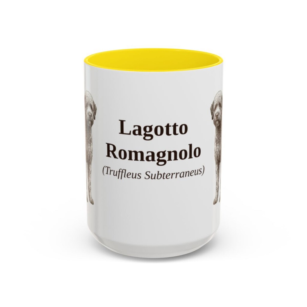15oz-lagotto-romagnolo-mug-latin-yellow 15oz Lagotto Romagnolo Latin Mug, Yellow, front view