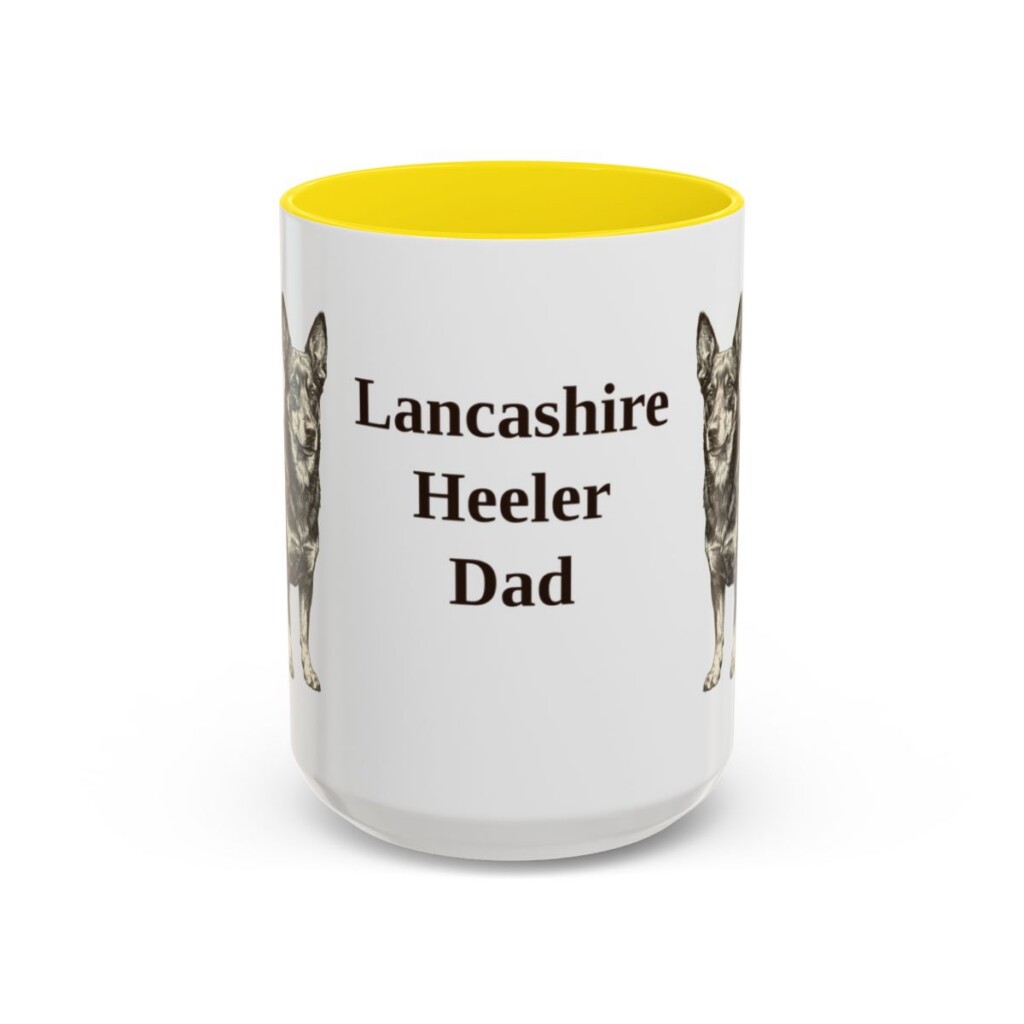 15oz Lancashire Heeler Dog Dad Mug, Yellow, front view
