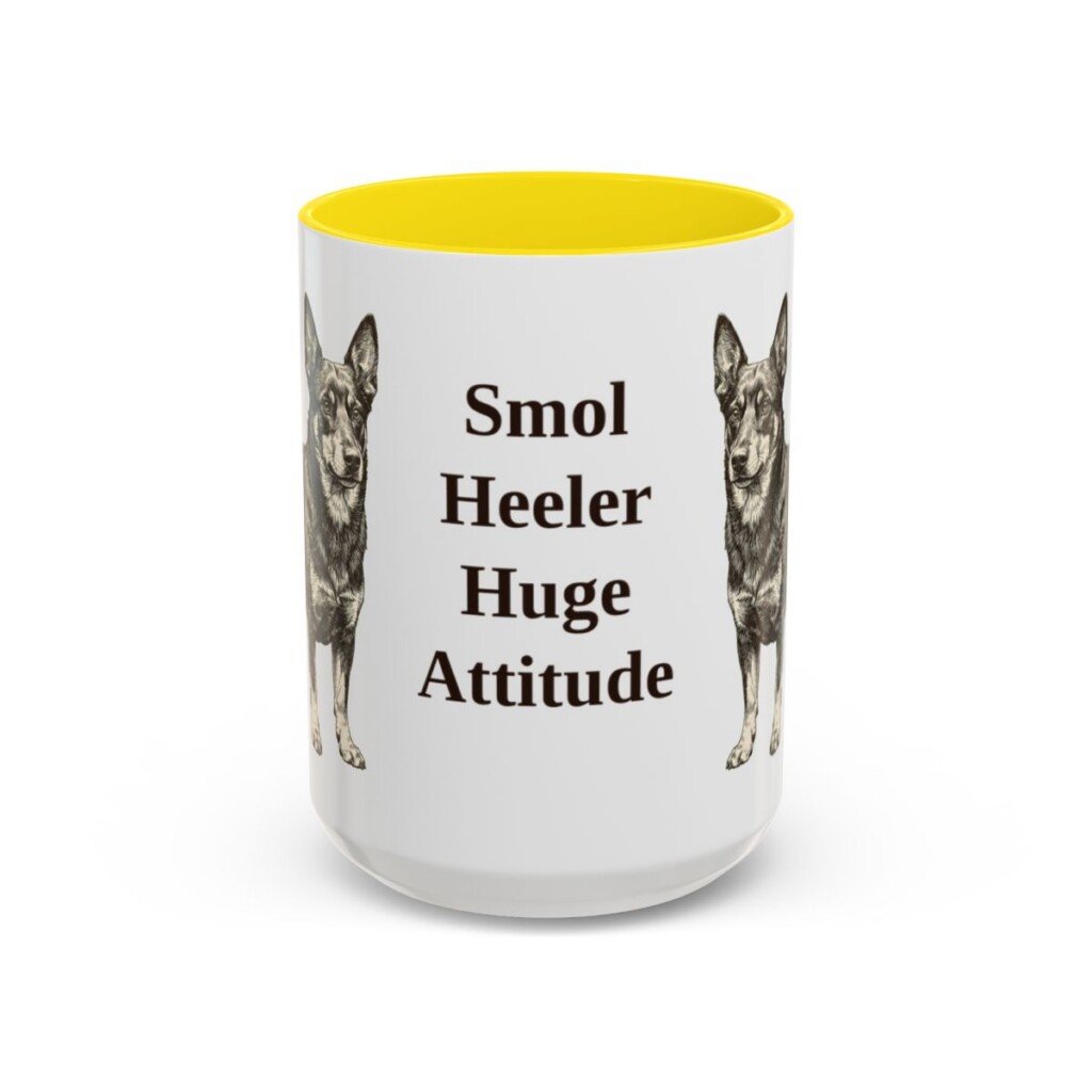 15oz Funny Lancashire Heeler Mug, Yellow, front view