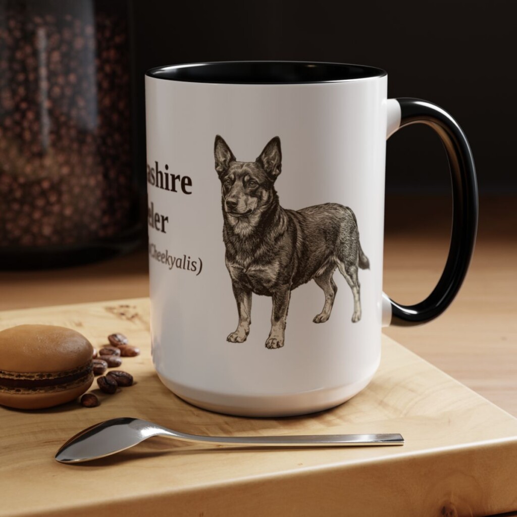 15oz Lancashire Heeler Latin Mug, Black, lifestyle photo