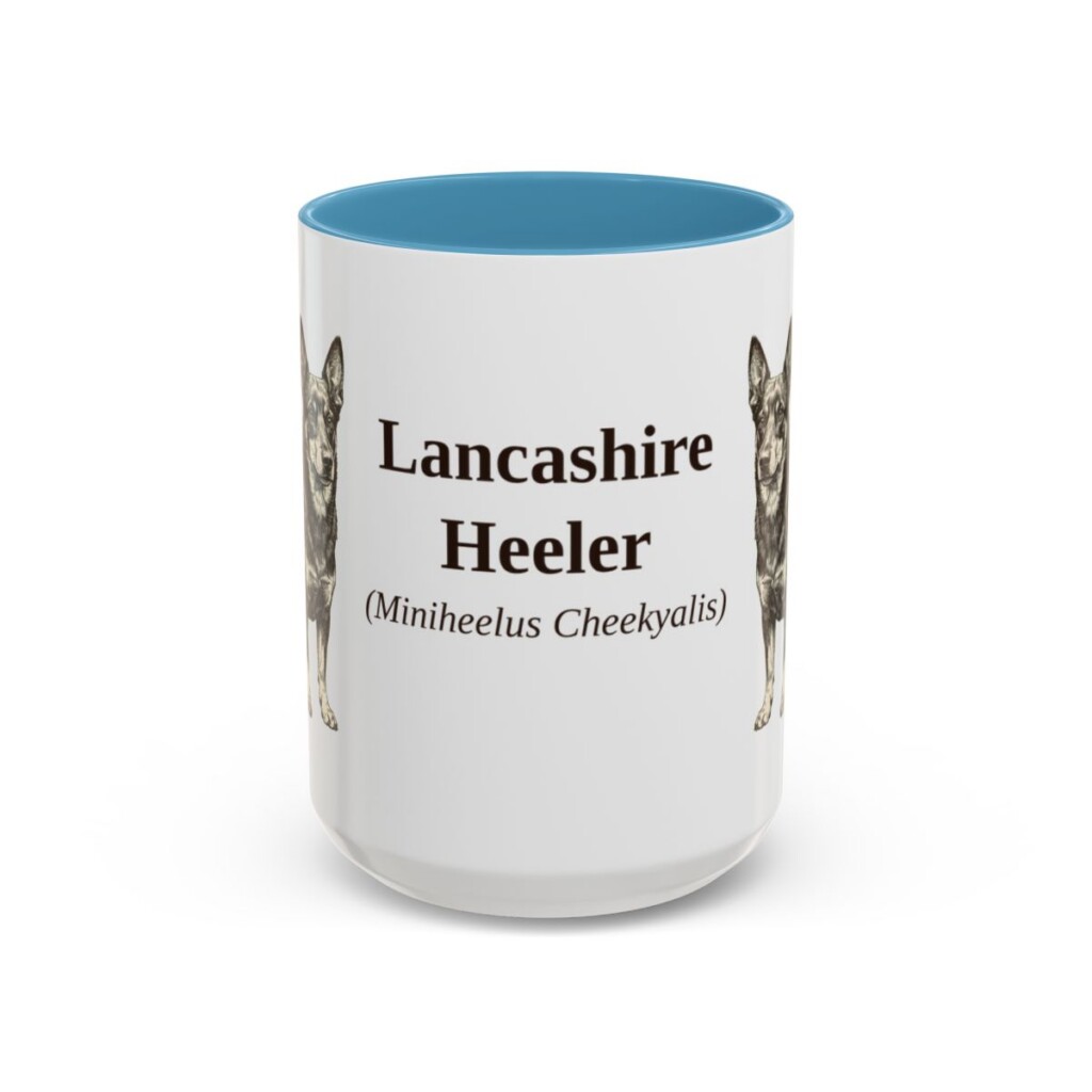 15oz Lancashire Heeler Latin Mug, Light Blue, front view
