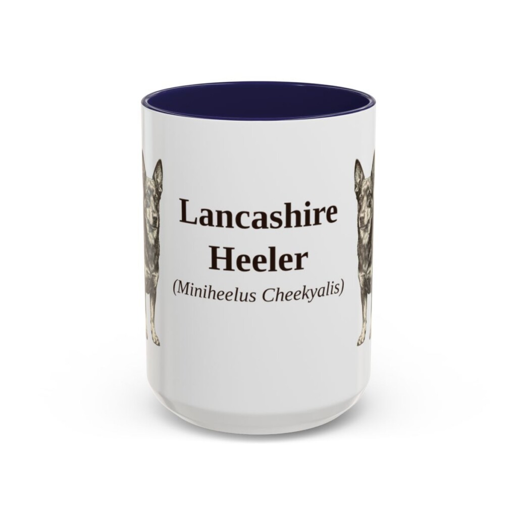 15oz Lancashire Heeler Latin Mug, Navy, front view