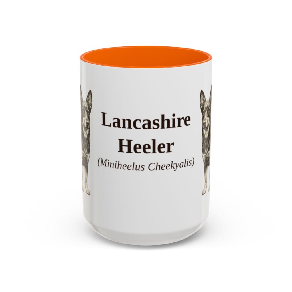 15oz Lancashire Heeler Latin Mug, Orange, front view