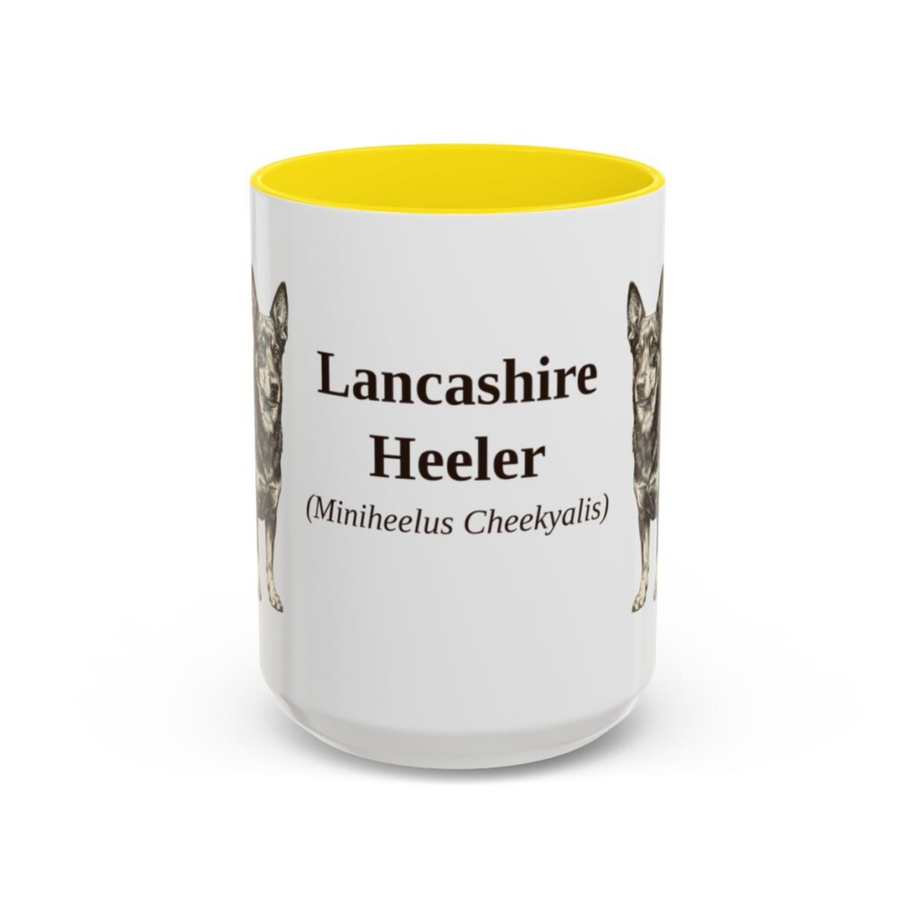 15oz Lancashire Heeler Latin Mug, Yellow, front view