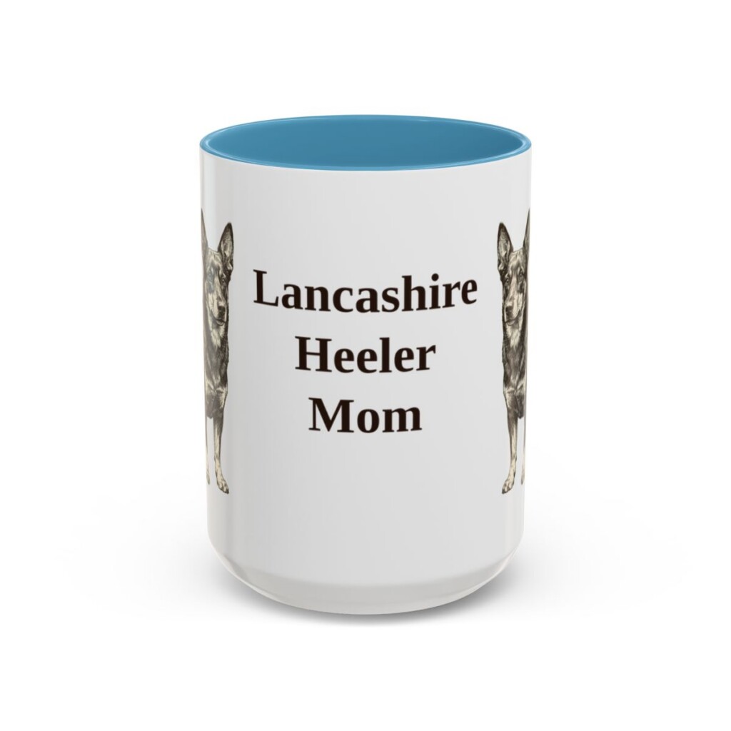 15oz Lancashire Heeler Dog Mom Mug, Light Blue, front view