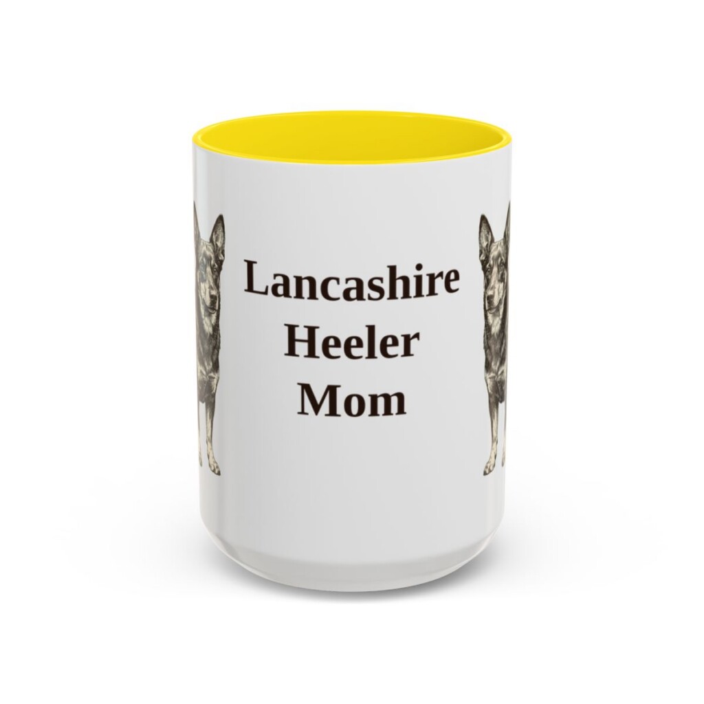 15oz Lancashire Heeler Dog Mom Mug, Yellow, front view