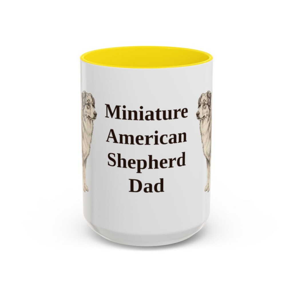 15oz Miniature American Shepherd Dog Dad Mug, Yellow, front view