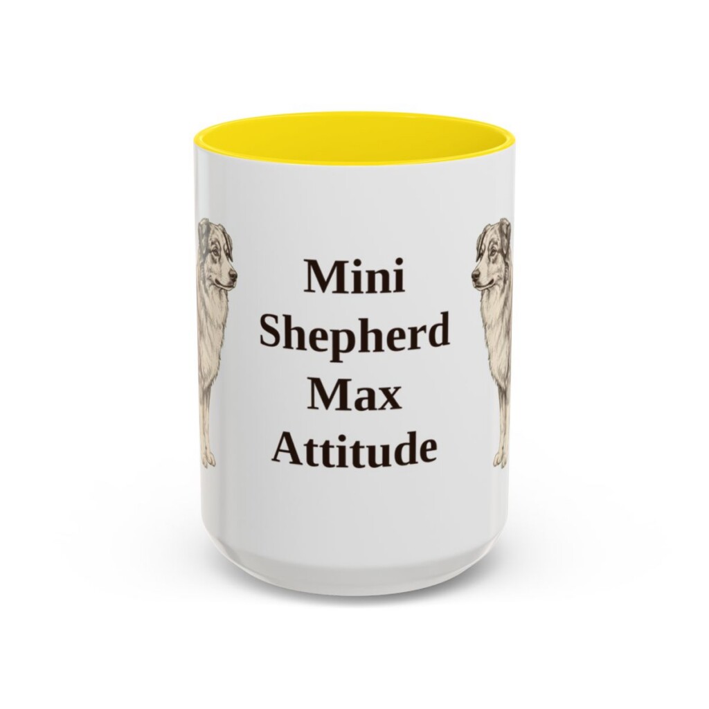 15oz Funny Miniature American Shepherd Mug, Yellow, front view