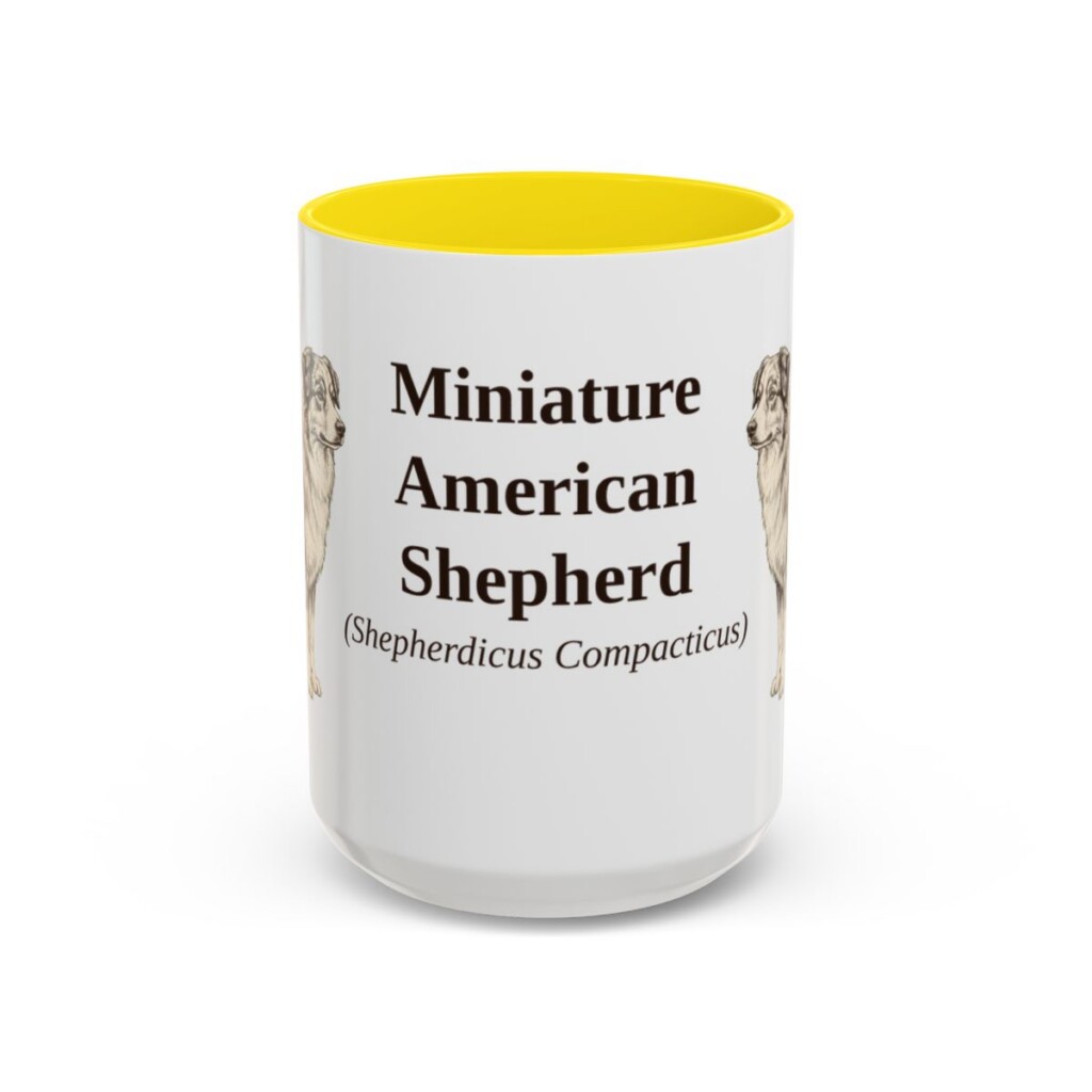 15oz Miniature American Shepherd Latin Mug, Yellow, front view