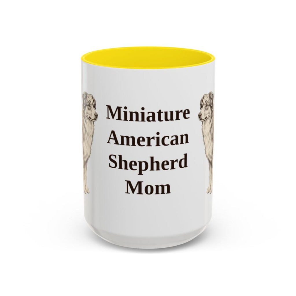 15oz Miniature American Shepherd Dog Mom Mug, Yellow, front view