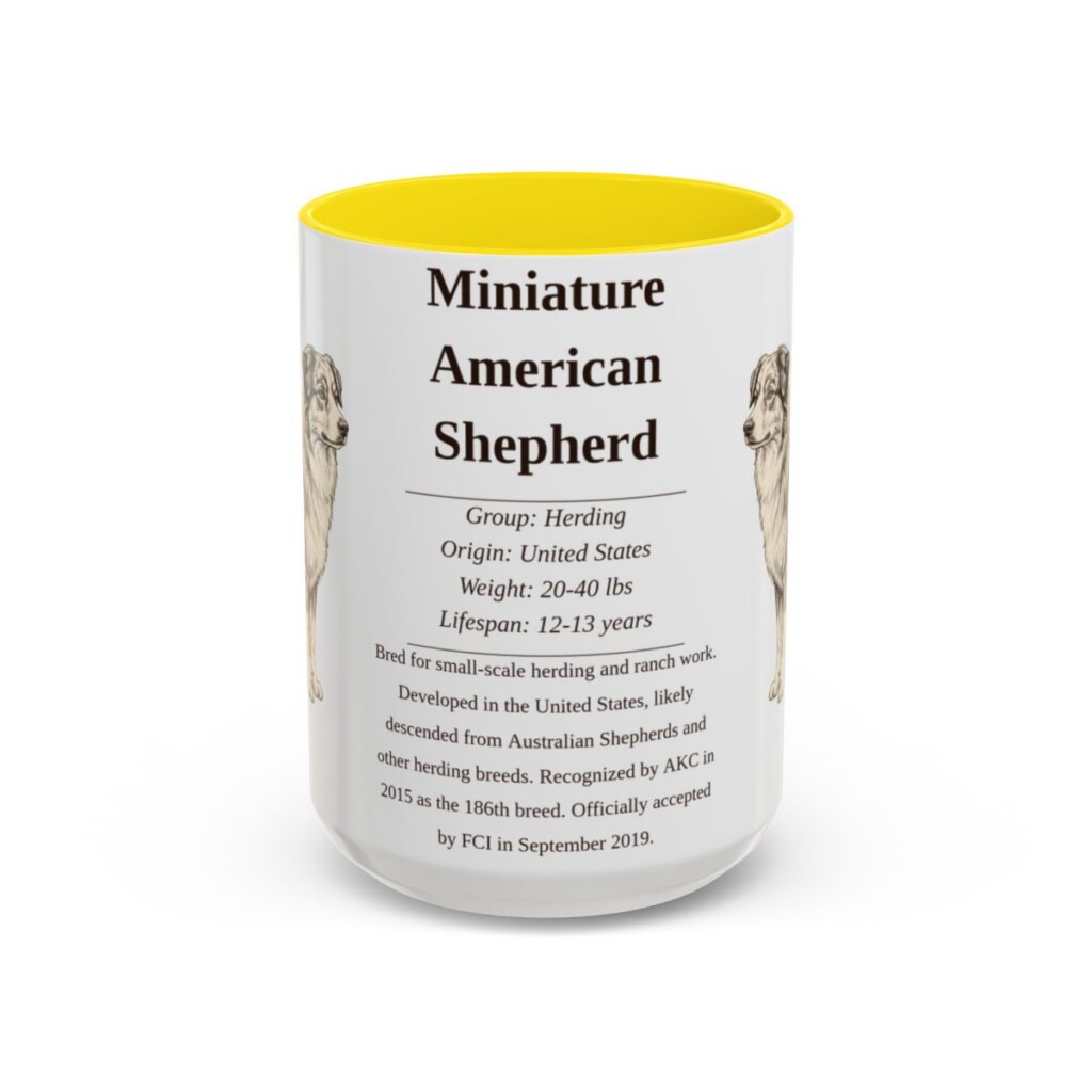 15oz Miniature American Shepherd Mug, Yellow, front view